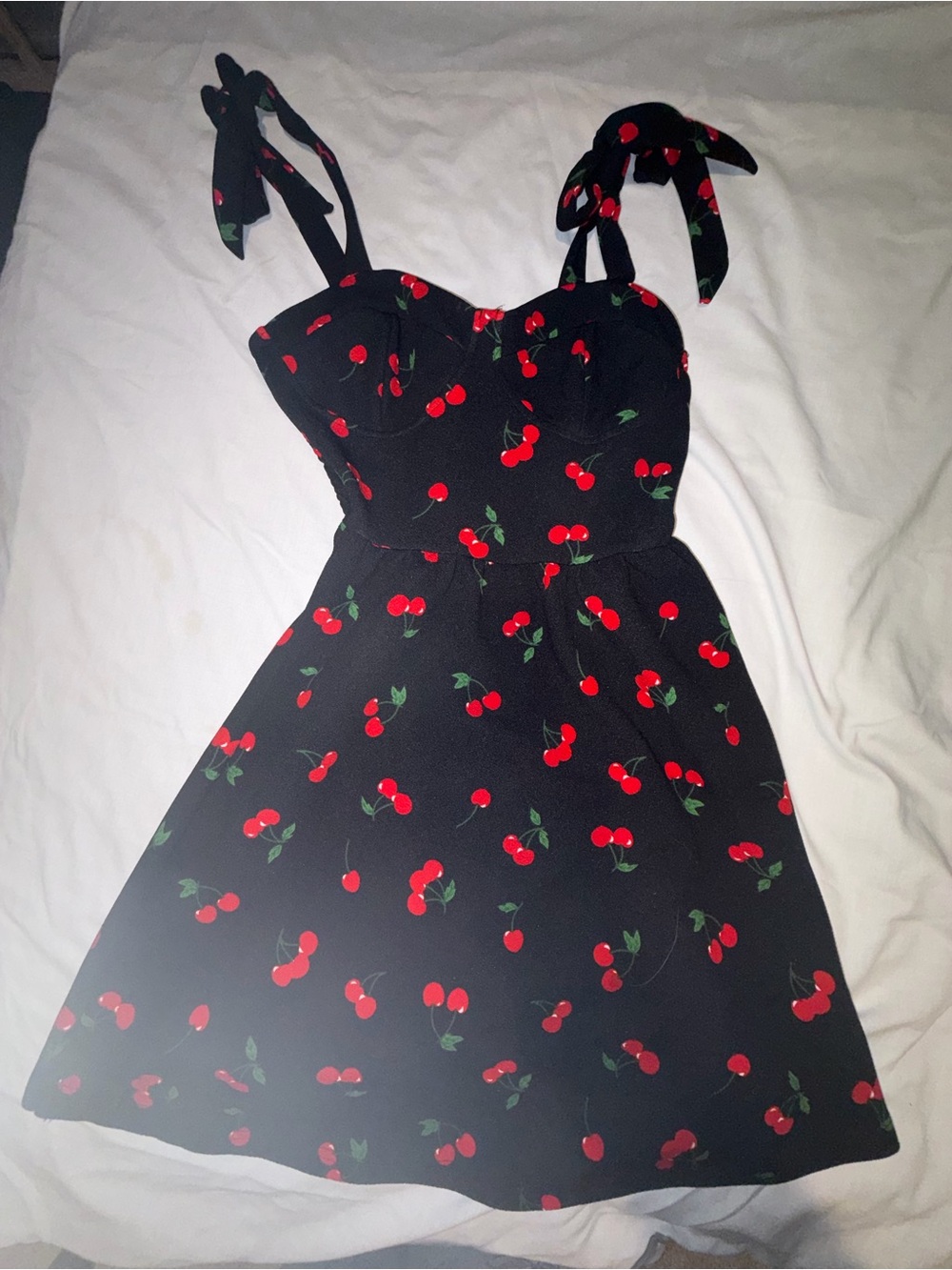 Black Cherry Print Tie-Strap Mini Dress